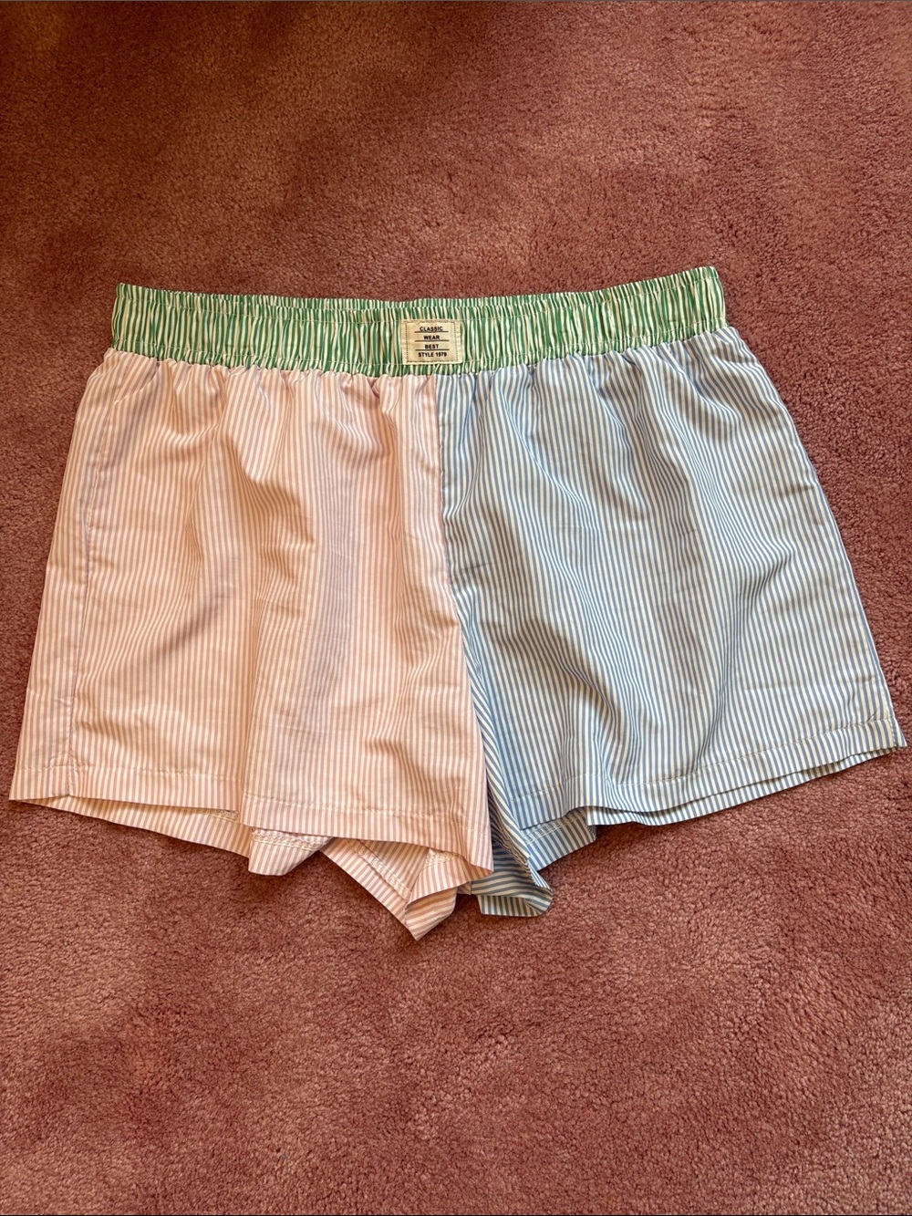 Split-Panel Striped Shorts in Pink, Blue & Green Waistband